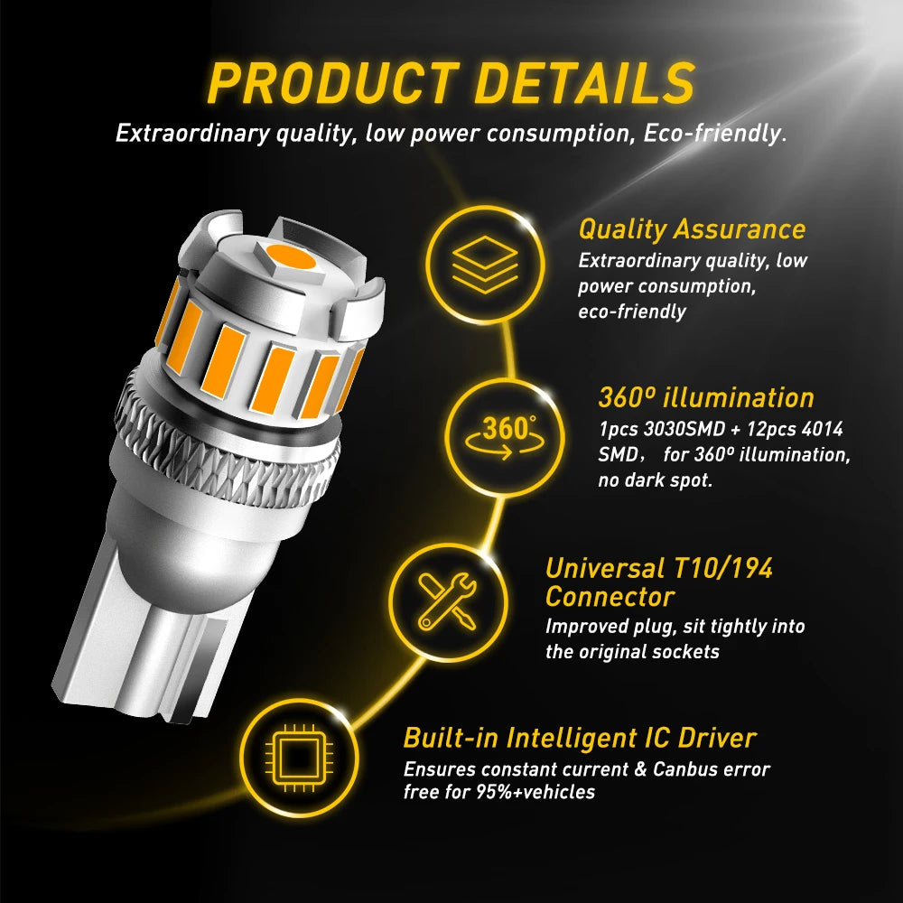 2PCS T10 Amber Canbus No Error W5W Signal Parking