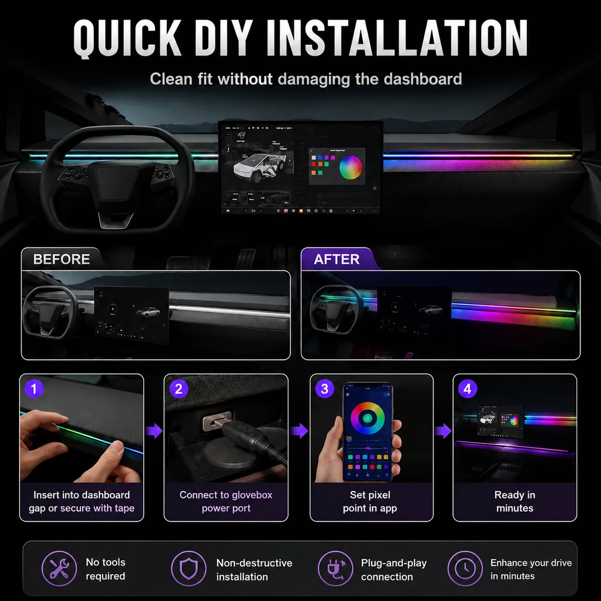 For Tesla Cybertruck USB Powered APP RGB Dashboard Ambient Strip