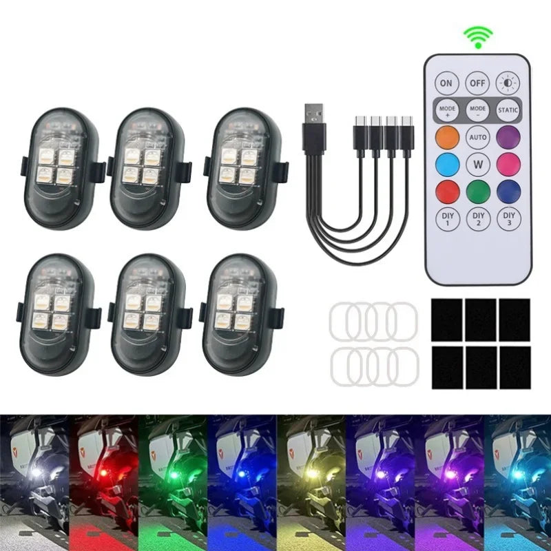 For Motorcycle 6PCS RGB Strobe USB Rechargeable Warning