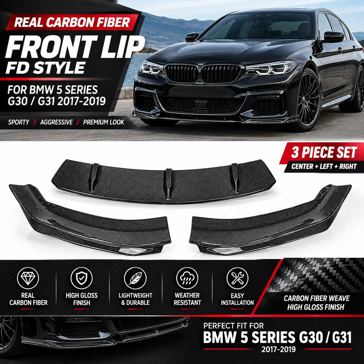 For BMW 5 Series G30 G31 Real Dry Carbon Fiber Front Lip G38 Lci