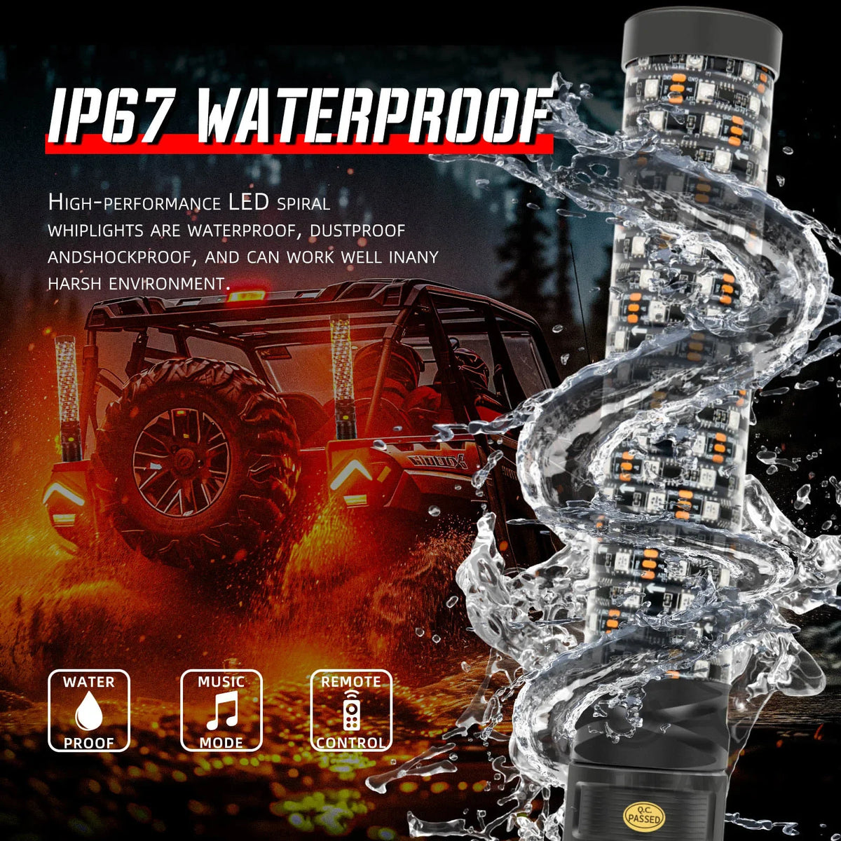 For Side By Side 2PCS 1FT 12V Fat Spiral Whip Utv APP Control