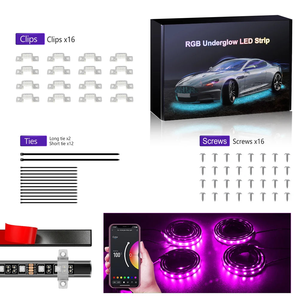 For Cart Boat Decoration LED Exterior RGB Underglow Strip APP