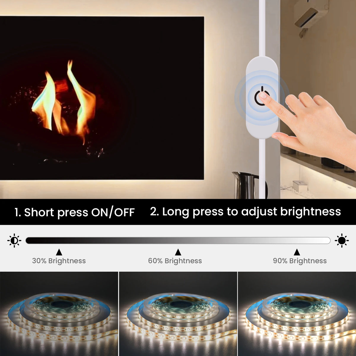 For Under Cabinet Light 5V USB Strip Dimmer Switch 2835 60leds
