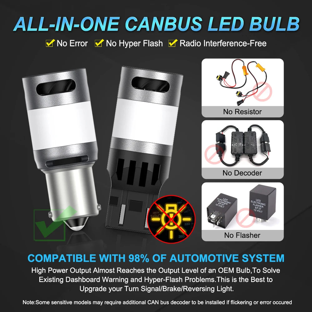 2PCS ba15s P21W Canbus No Hyper Flash Amber Yellow