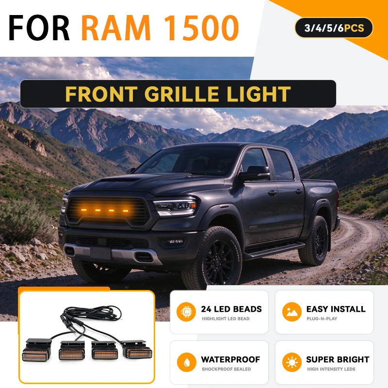 For Ram 1500 Front Grille Light 24LED Beads Amber White Drl
