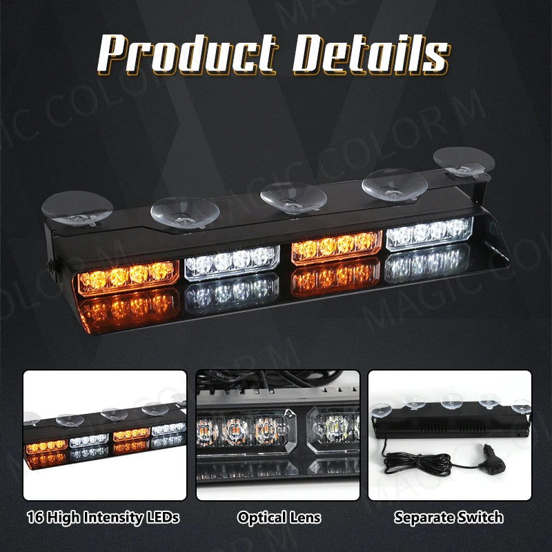 For Flash Warning Lamp Front Windshield Strobe Bar Amber White
