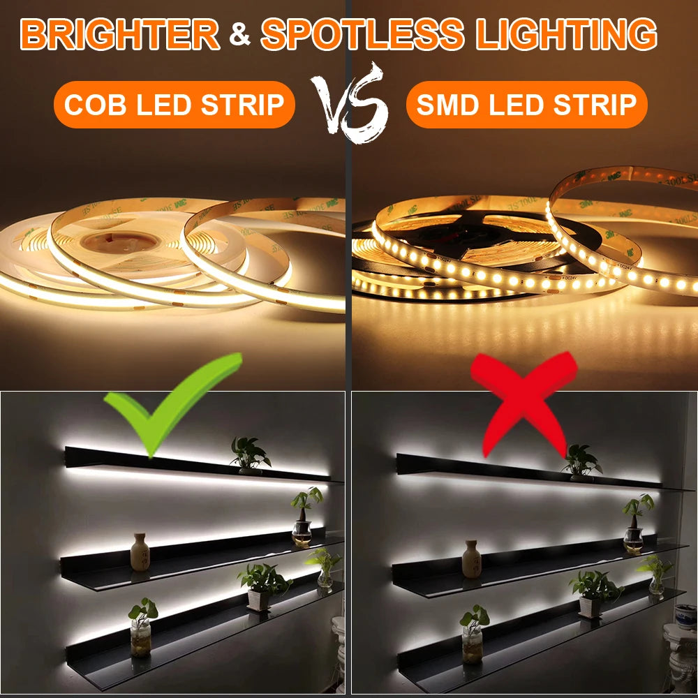 5M 10M Strip 12V 24V Cob Flexible Ribbon Dimmable
