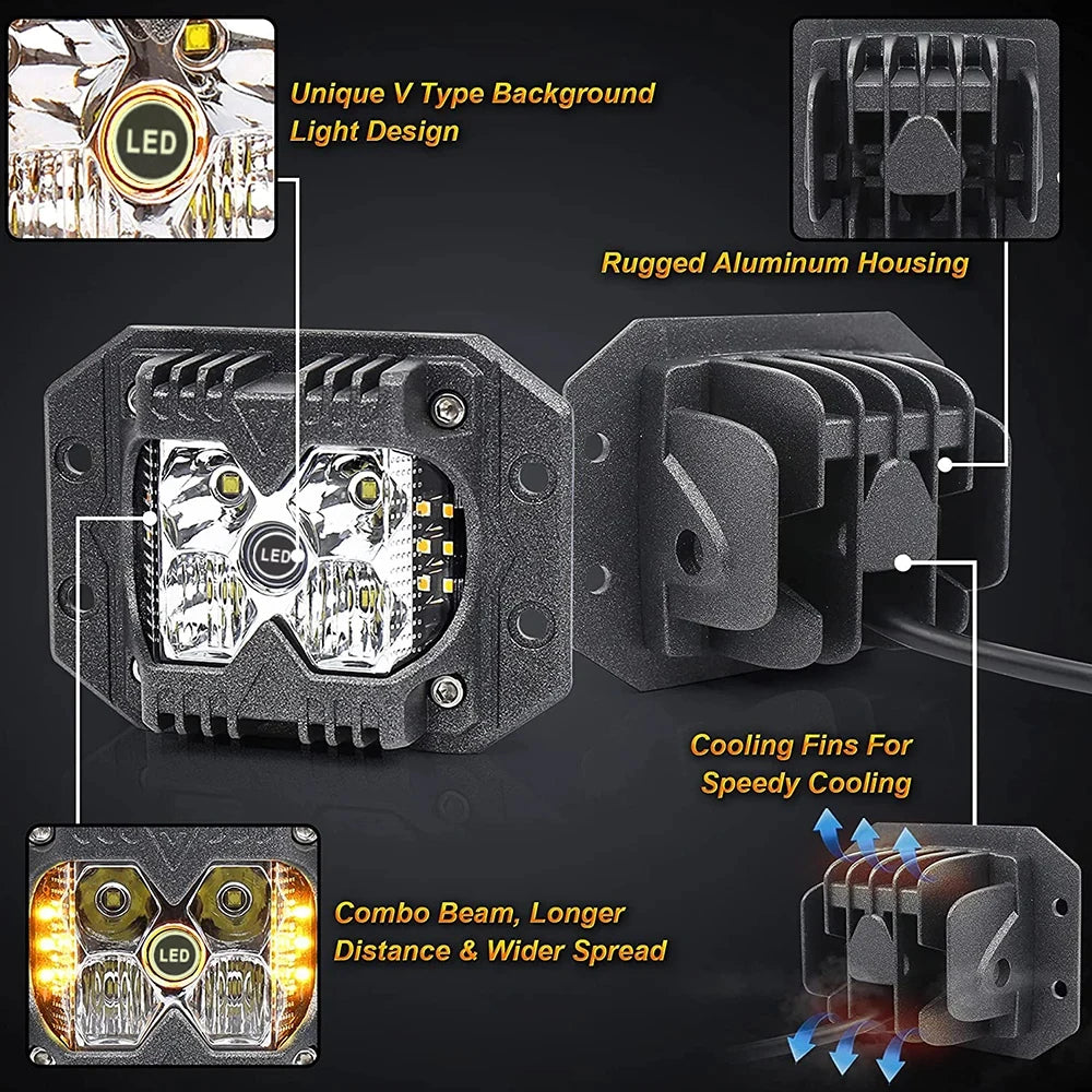 For Off Road Jeep 2PCS Front Rear Flush Mount Pods Driving Lamps