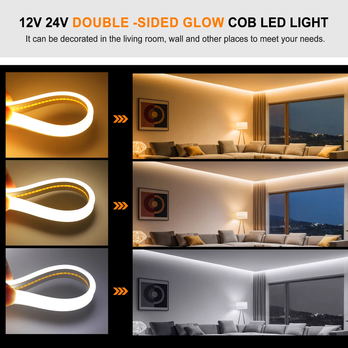 12V 24V Cob Strip Double Side Glow Waterproof Flexible