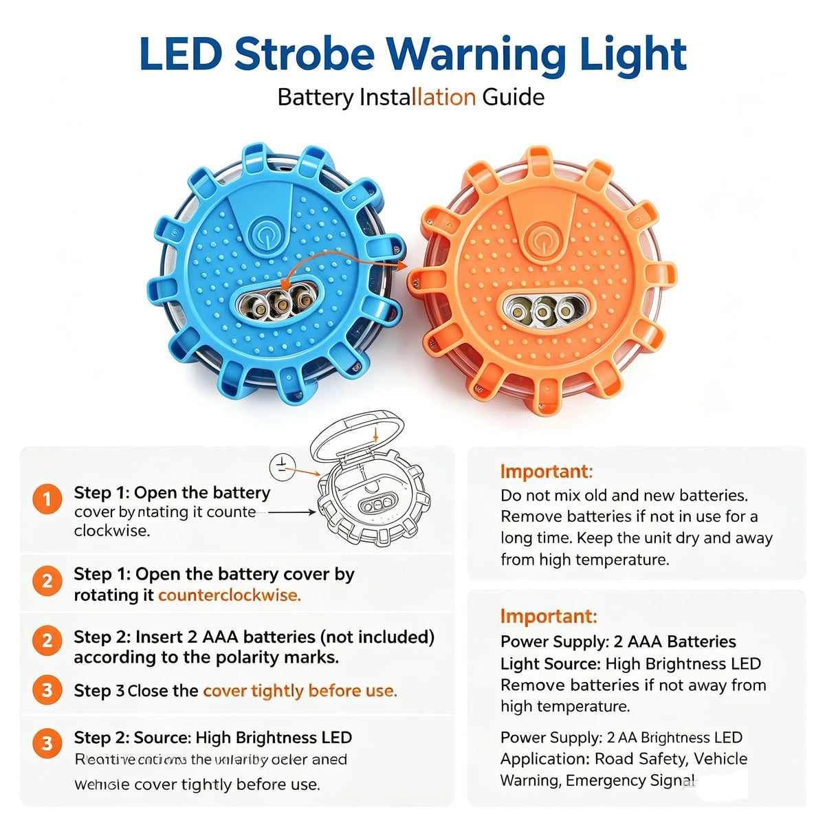 Battery Powered Road Flares Warning Blue Orange Emergency Strobe