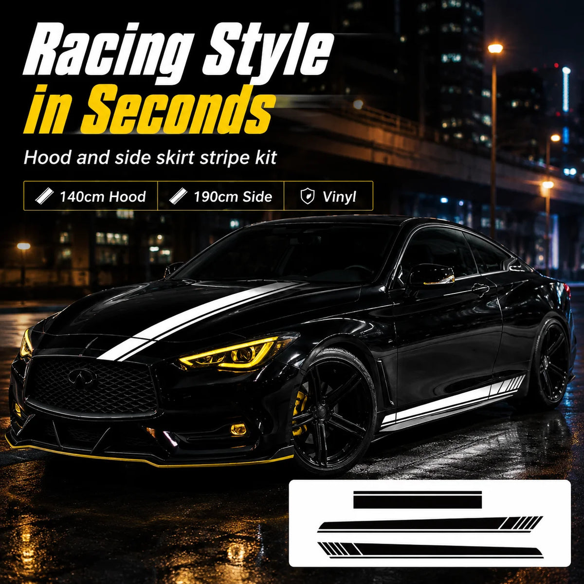 For Sedan 3PCS Black 190CM Side Skirt Vinyl Decal Sticker Body