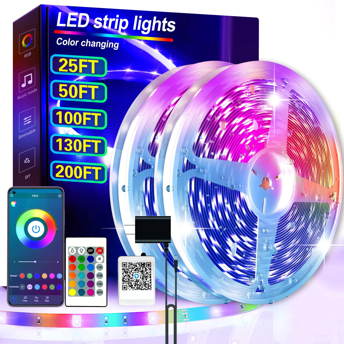 For Living Room Bedroom Courtyard Party 100 130 200FT RGB Smart