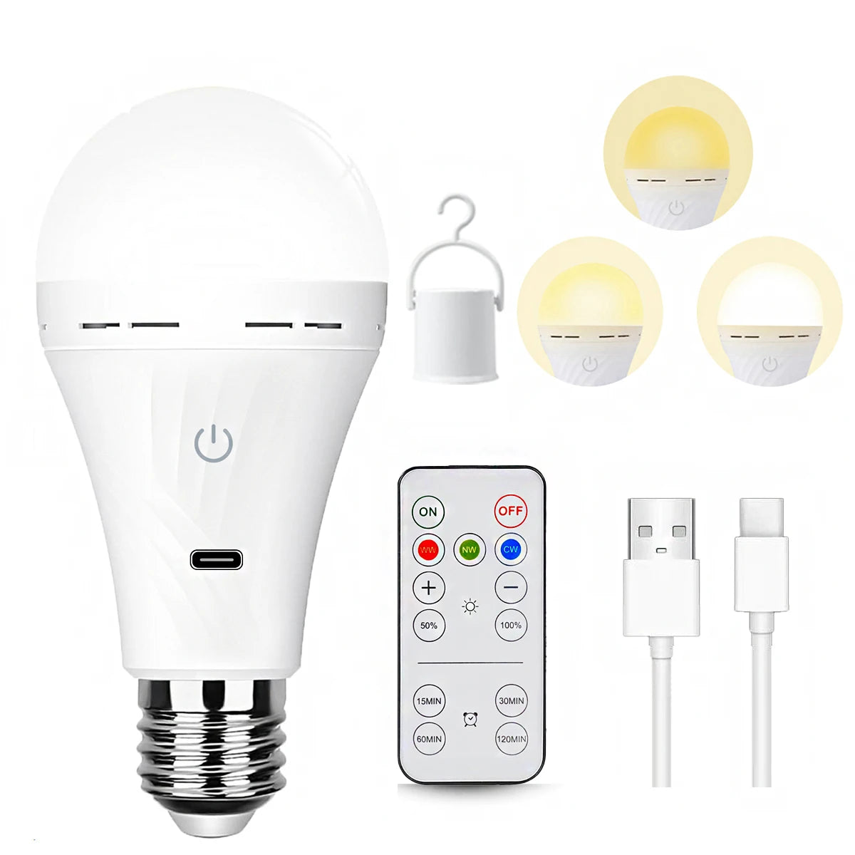 E27 Emergency Bulb USB Type C Rechargeable 3000k-6000k Three