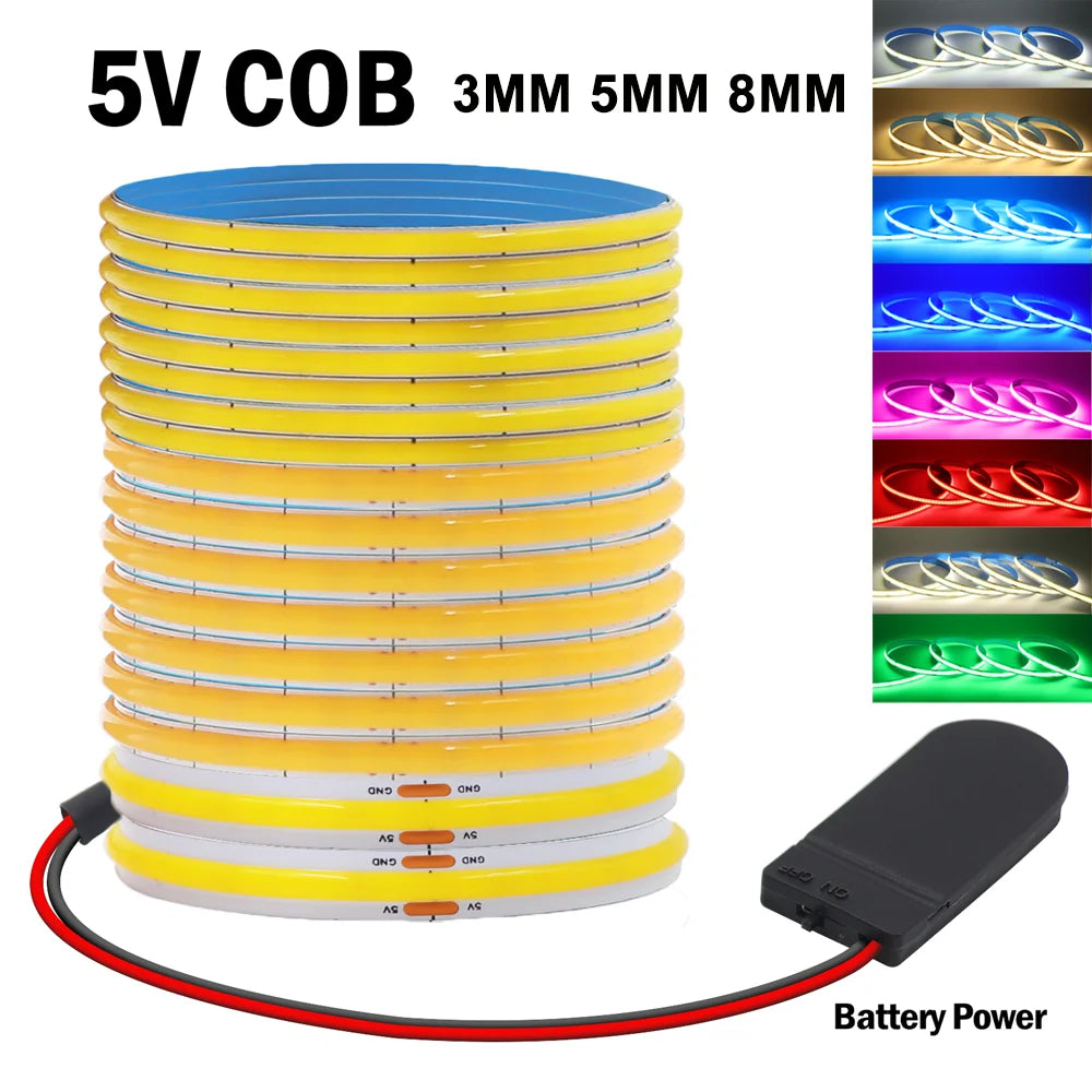 Dc 5V Cob Strip 3MM 5MM 8MM Battery Powered