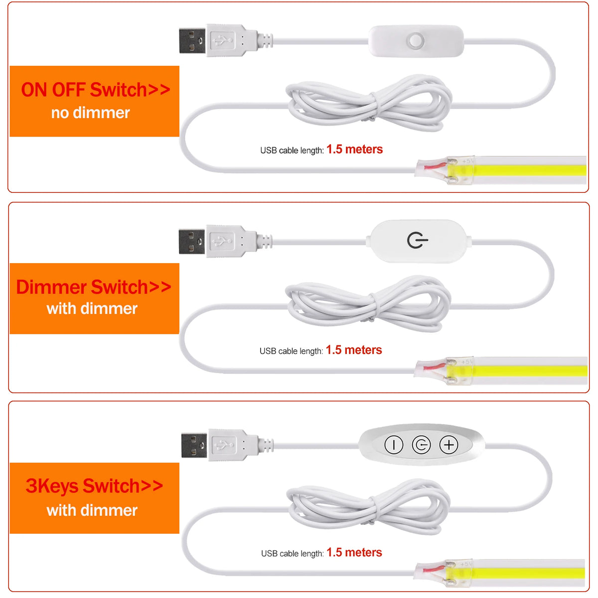 Dimmable Cob Strip 5V USB Flexible Tape On Off