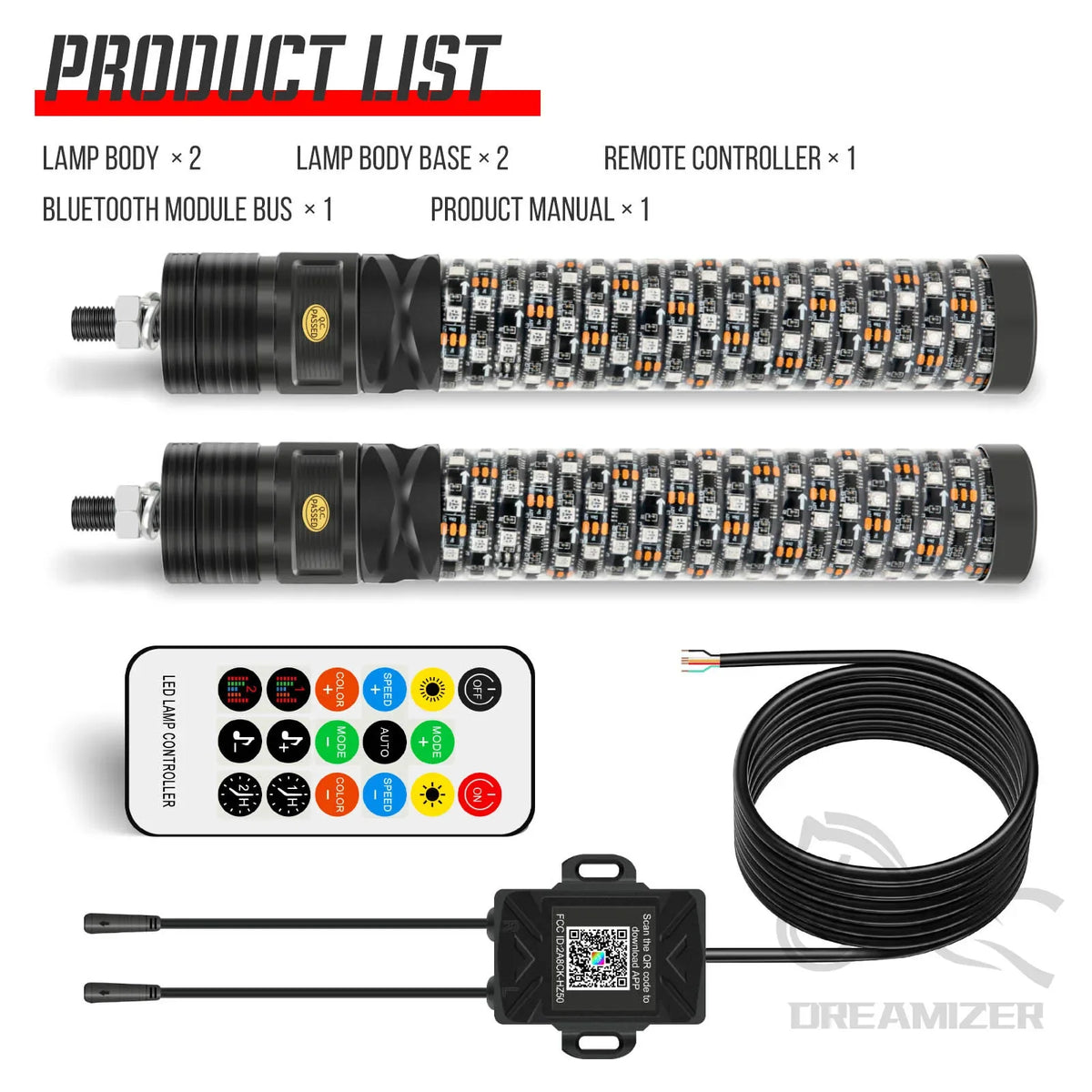 For Side By Side 2PCS 1FT 12V Fat Spiral Whip Utv APP Control
