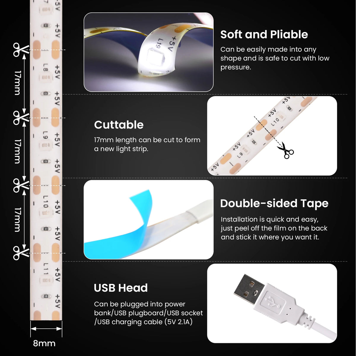 For Under Cabinet Light 5V USB Strip Dimmer Switch 2835 60leds