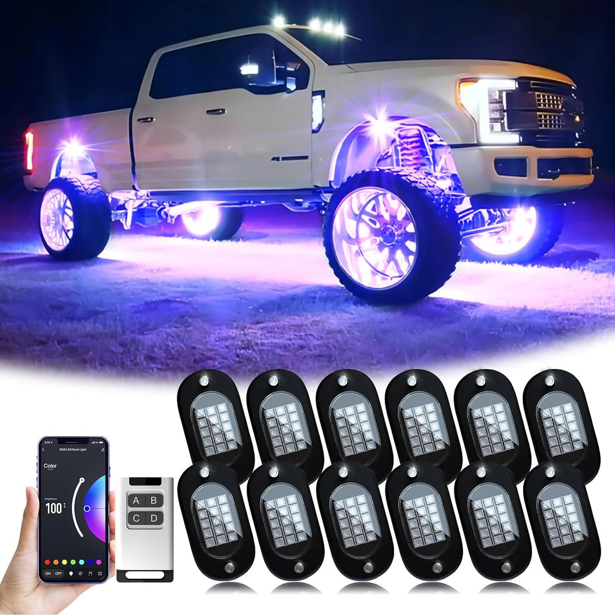 For Offroad Yilaie RGB Rock 12 Pods APP Rf Control Neon