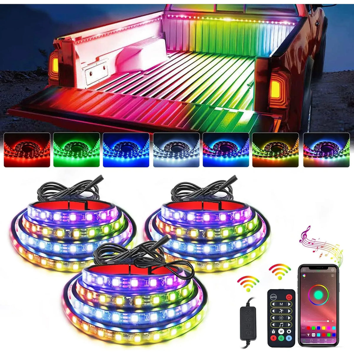 For Pickup Nilight Rgbic Truck Bed Strip 3PCS Cargo APP Rf
