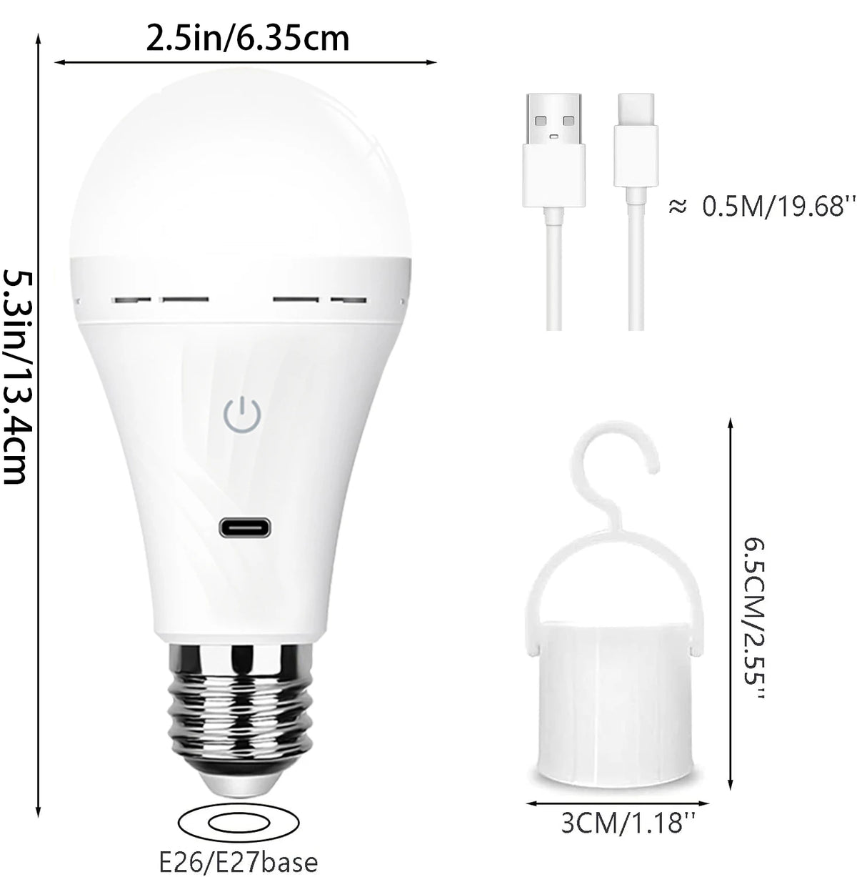E27 Emergency Bulb USB Type C Rechargeable 3000k-6000k Three