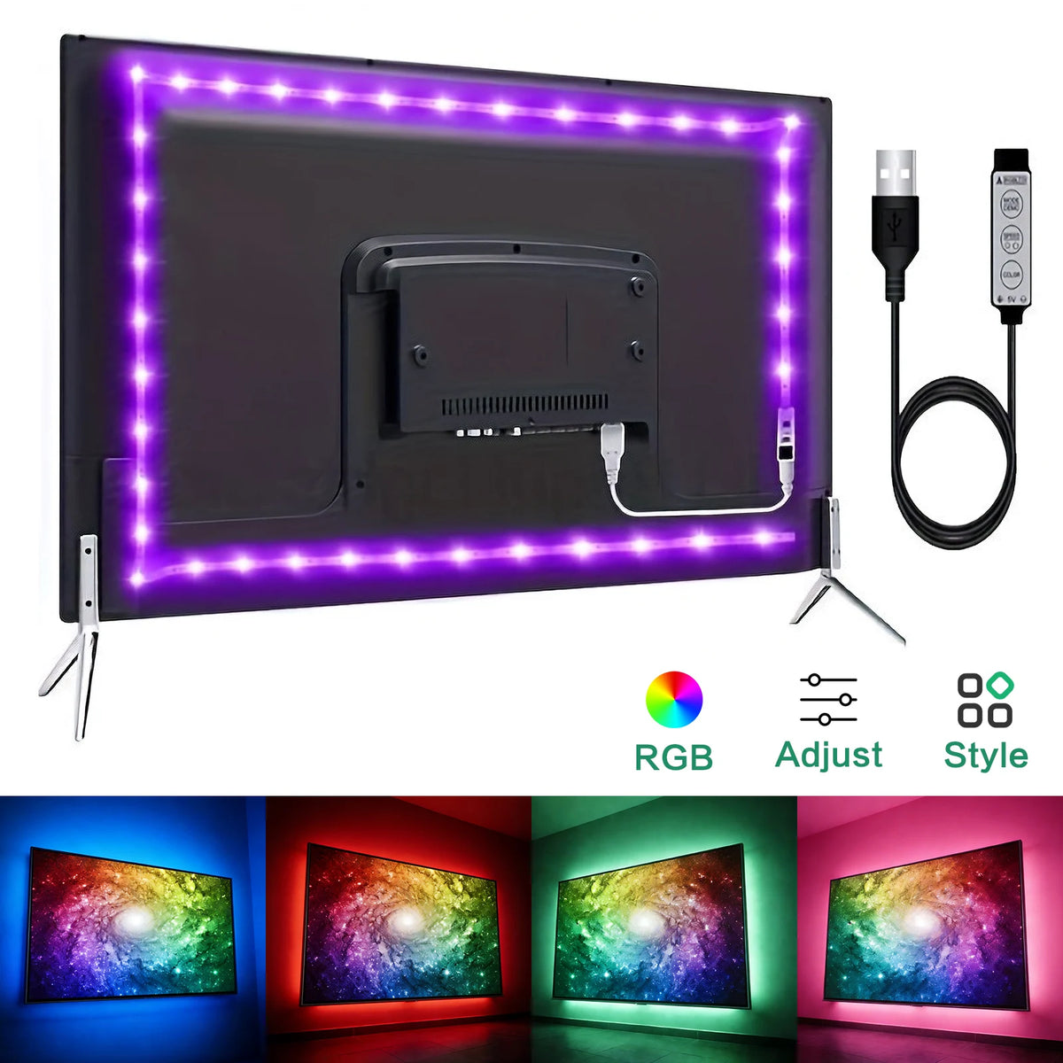 For Tv 3-Key Controller Flexible LED 1-5m RGB Strip Music Sync