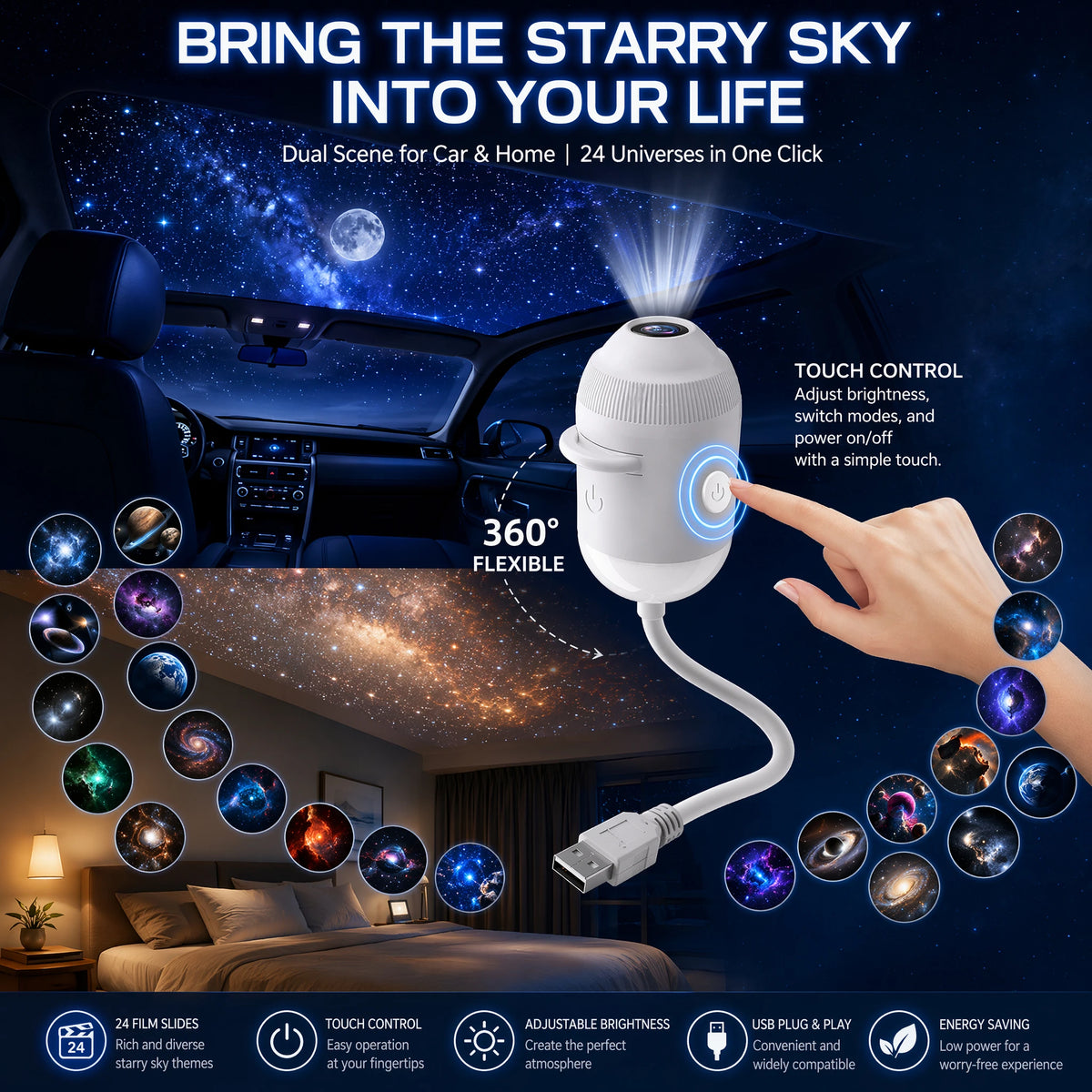 For Bedroom Auto Atmosphere Lamp USB Star Projector 24 In Touch