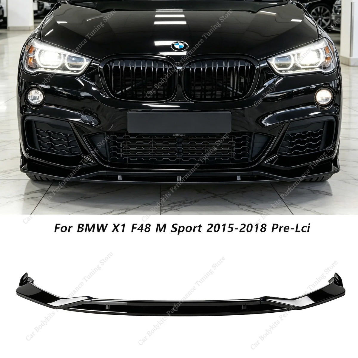 For BMW X1 F48 M Sport Gloss Black Mt Front Bumper Lip Spoiler