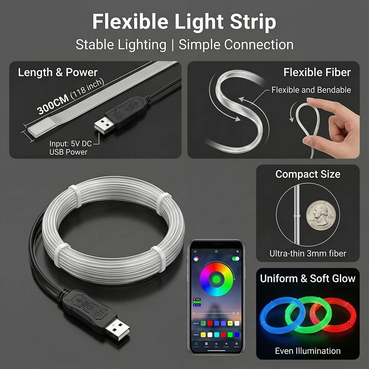Interior Ambient Strip RGB Fiber Optic Atmosphere ultra-thin