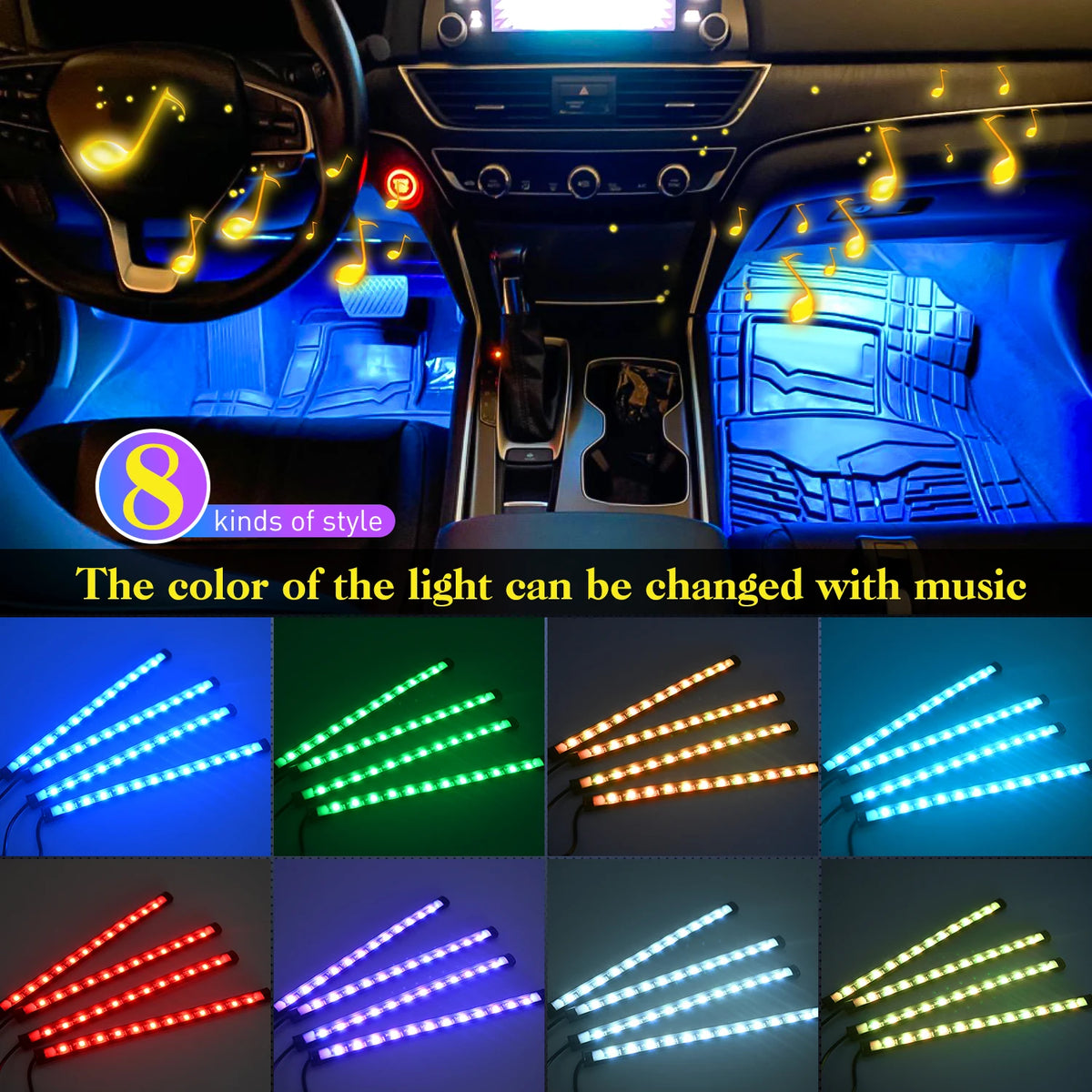 4PCS USB Interior Multicolor Music Strip Under Dash Lighting