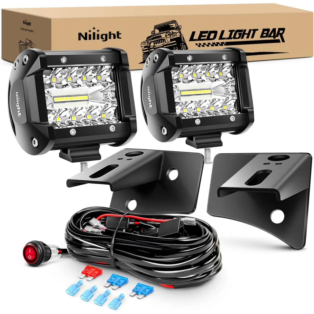 Nilight 2PCS 4inch Pods Bar Triple Row 60W Flood