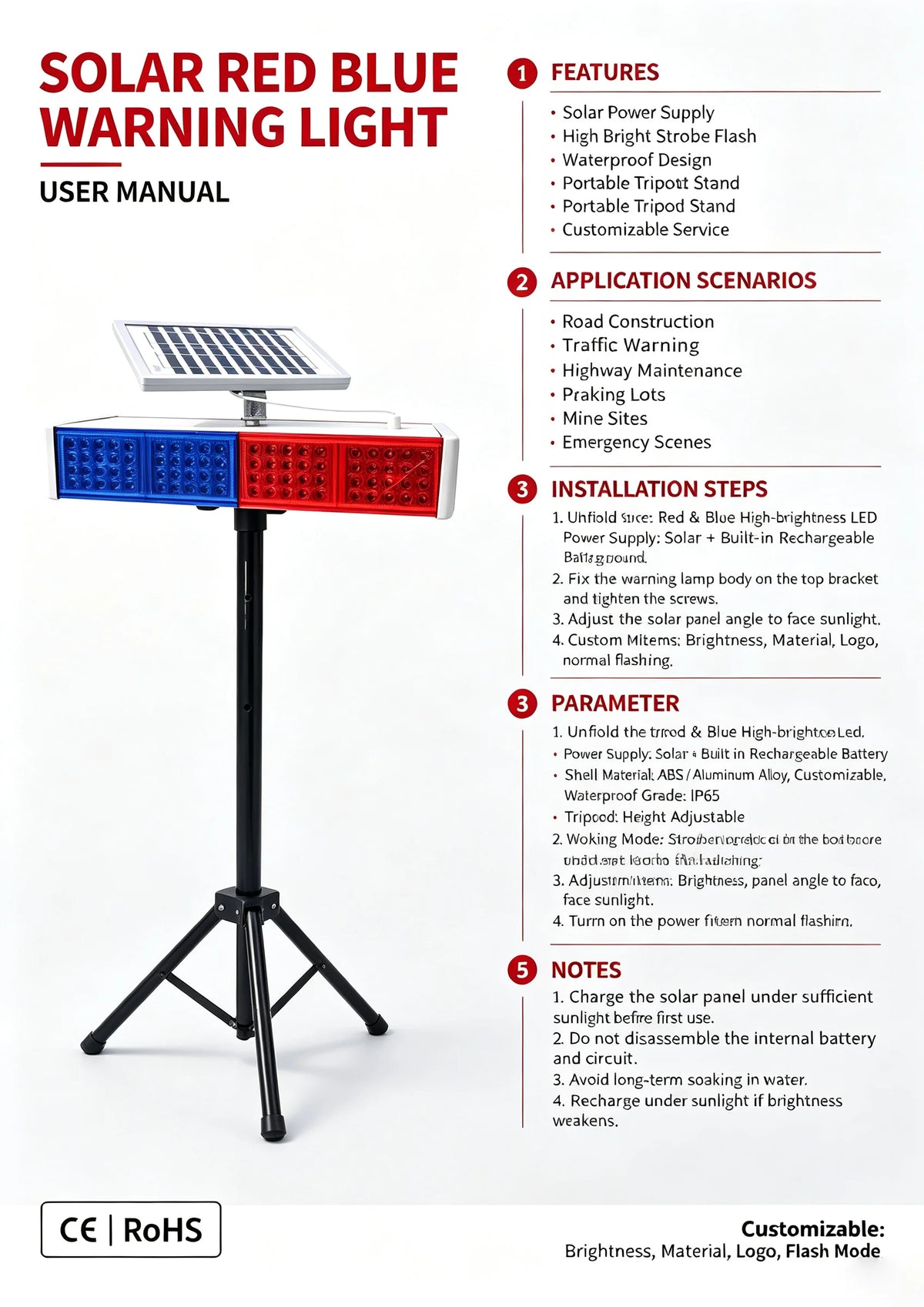 multi-solar Warning Flash Red Blue Night Traffic Road