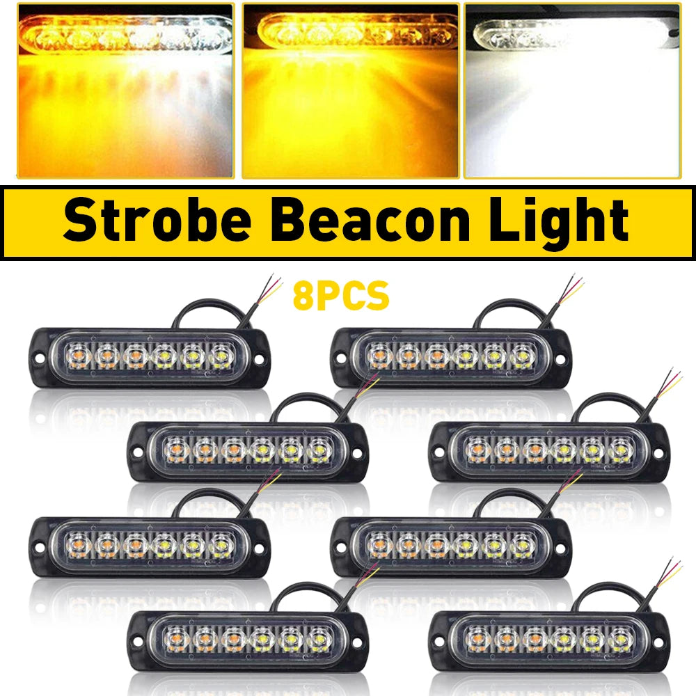 For Engineering Vehicles 8PCS Amber White 6LED Truck Emergency