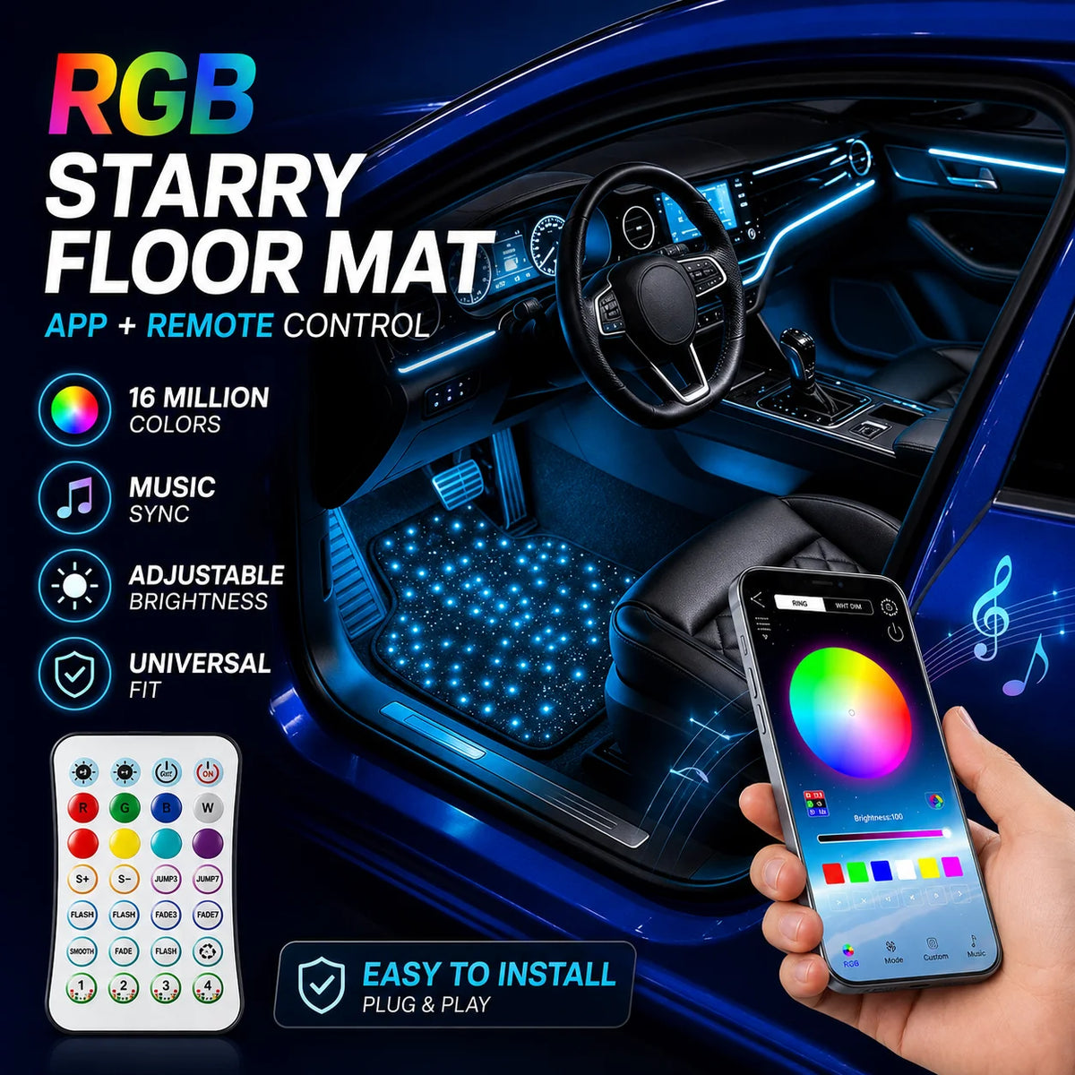 Fiber Optic Twinkle Star Floor Mats Waterproof Rugs RGB