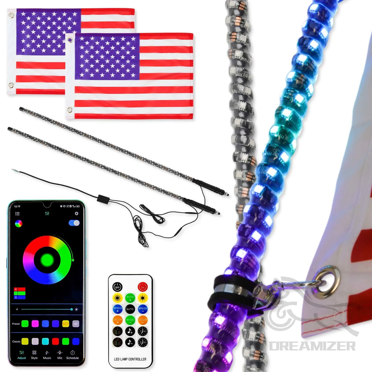 For Utv LED Backlights 4FT RGB Spiral Whip Antenna Chase
