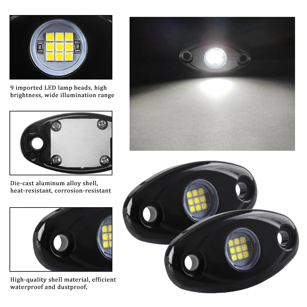 For Offroad 4PCS 9LED Rock Side Kit Atmosphere Truck SUV ATV