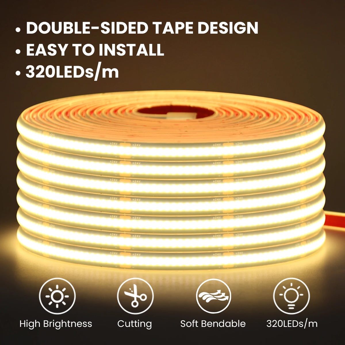 IP68 Waterproof 12V 24V Cob Strip 320leds M Black