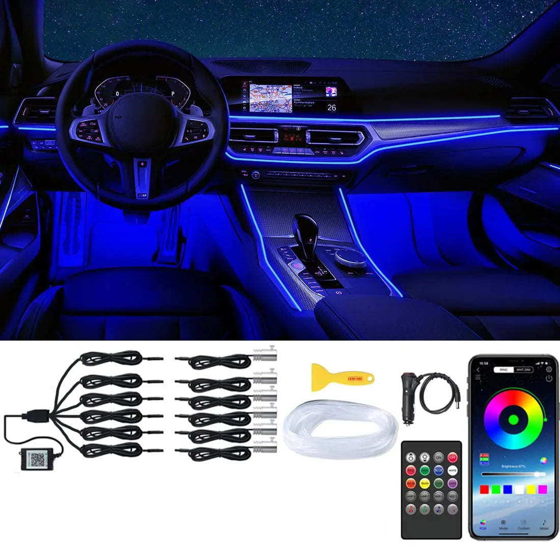 6 in 1 Car Interior Ambient LED Light Kit RGB Strip Lights with Fiber Optic Tube APP and Remote Control Neon Mood Sync L