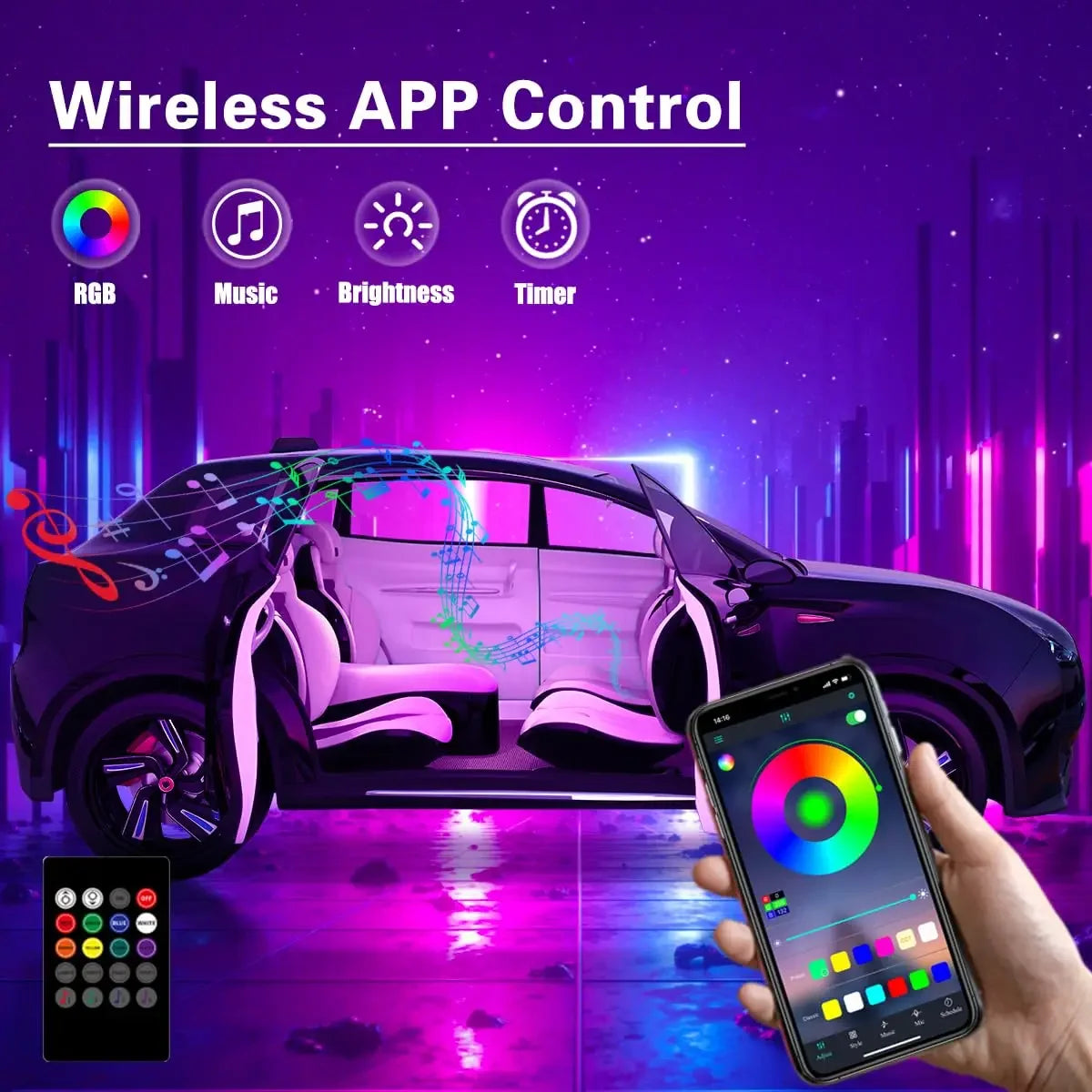 6 in 1 Car Interior Ambient LED Light Kit RGB Strip Lights with Fiber Optic Tube APP and Remote Control Neon Mood Sync L