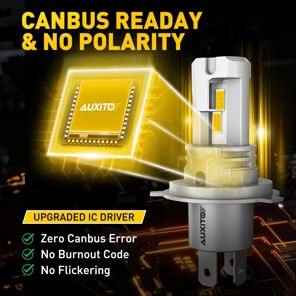 Auxito 2PCS H4 Fanless Csp Headlight Bulb 3000K Golden