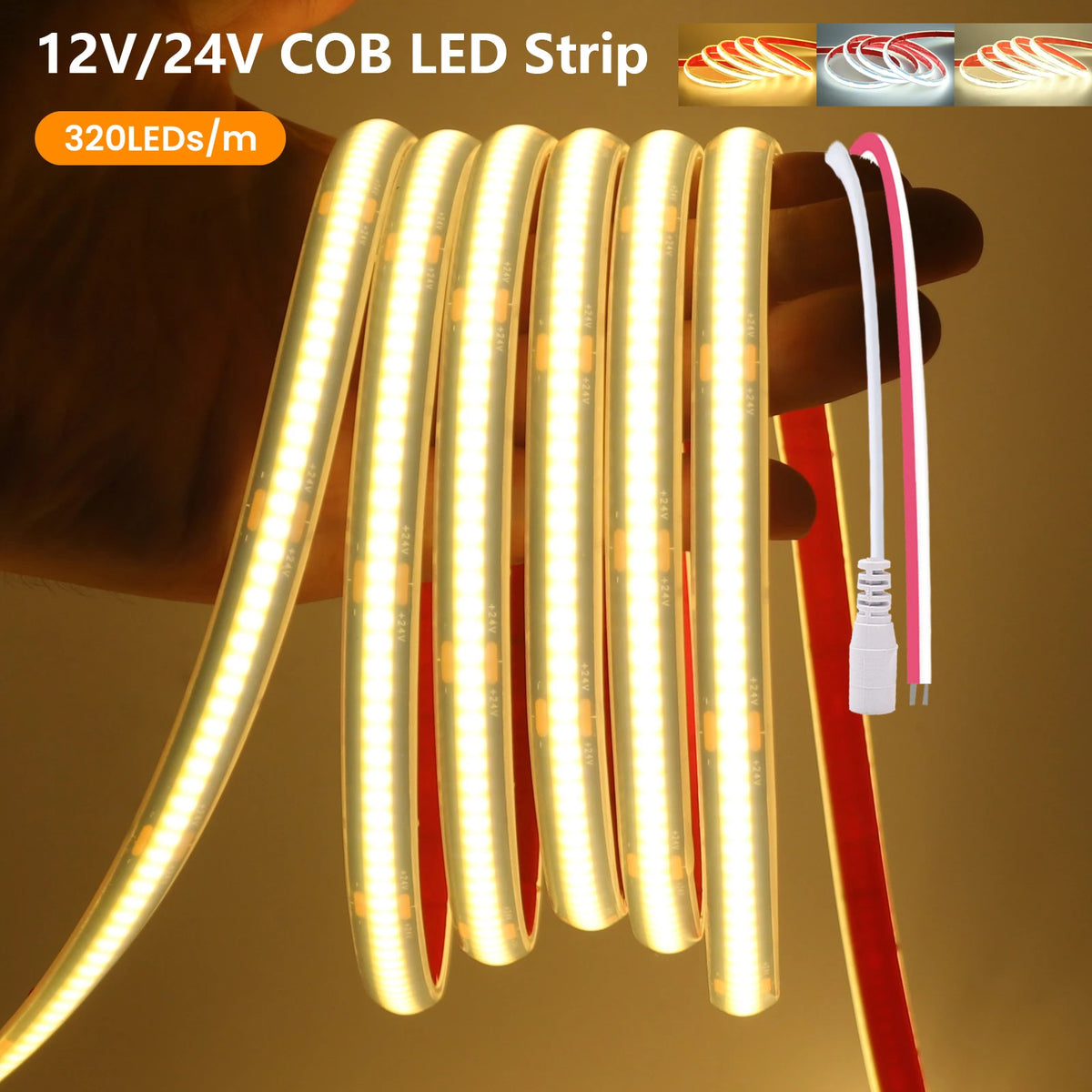 IP68 Waterproof 12V 24V Cob Strip 320leds M Black