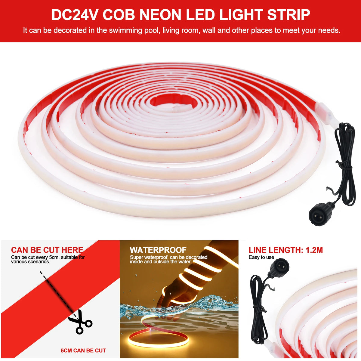 24V Cob Neon Strip IP68 Waterproof White Red Ice