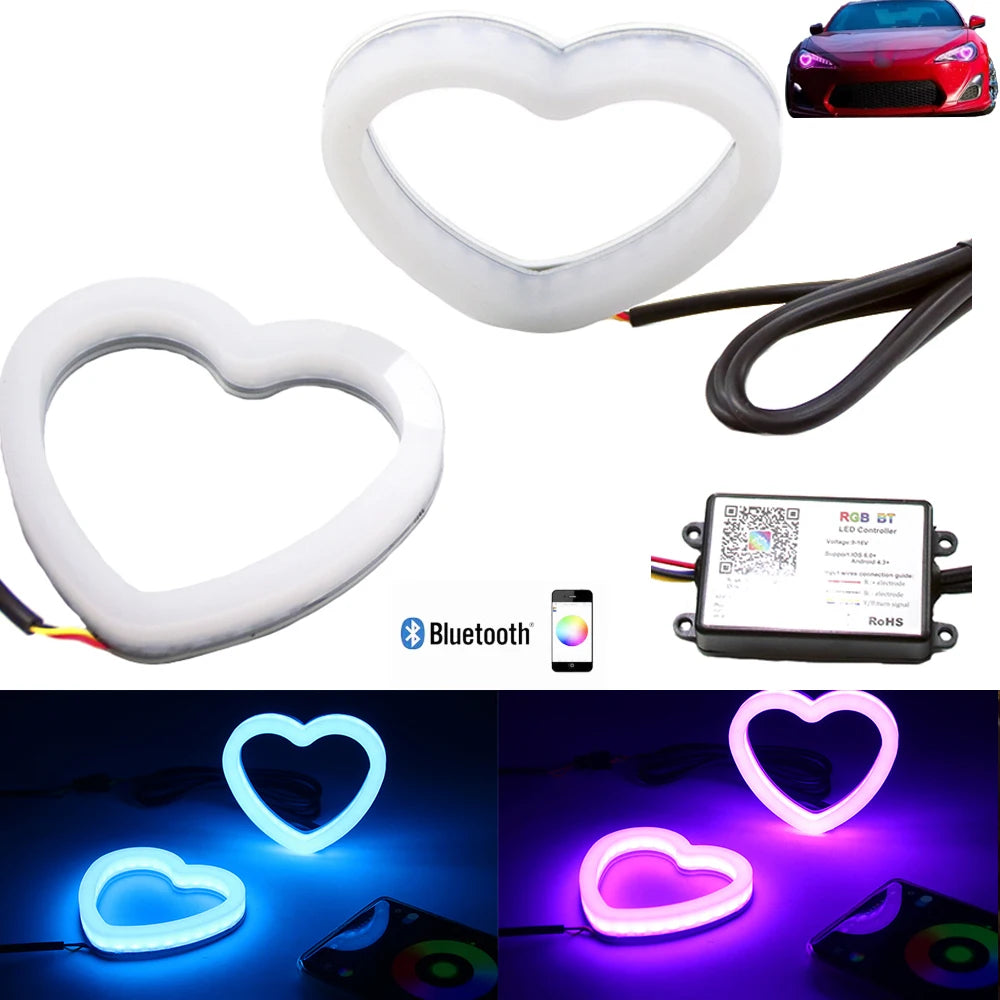 2PCS Colorful Modified Headlights Fog Love Aperture Mobile APP