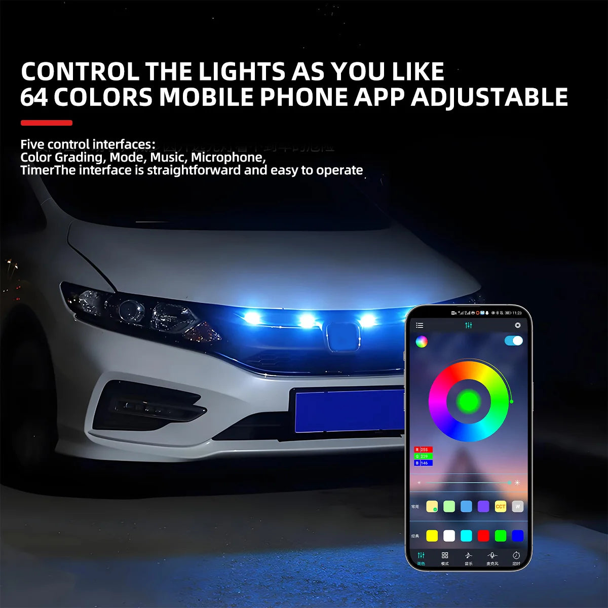 4IN1 Front Grille Daytime Running RGB APP Control Central