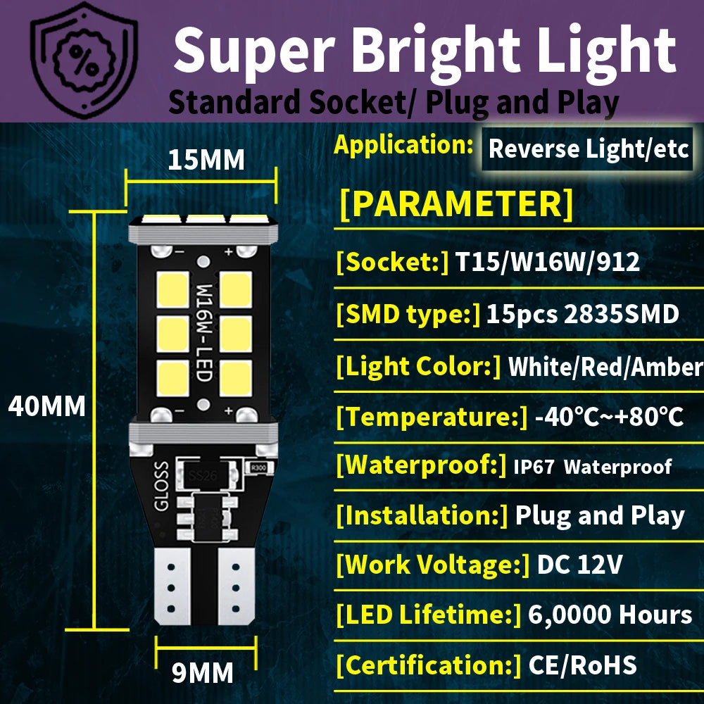 2PCS T15 W16W Super Bright 15SMD 2835 921 912