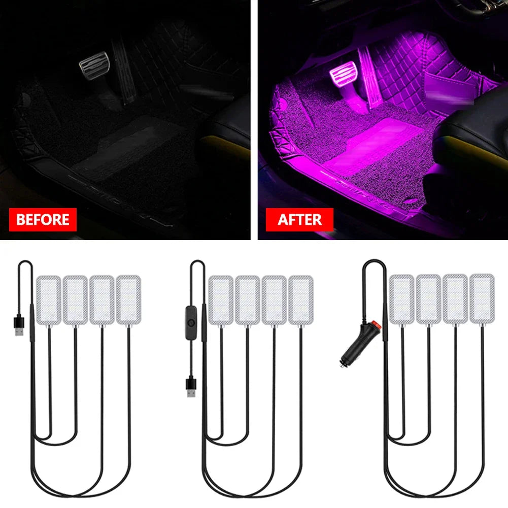 4PCS Set Ambient USB Cigarette Lighter Powered Footwell Interior