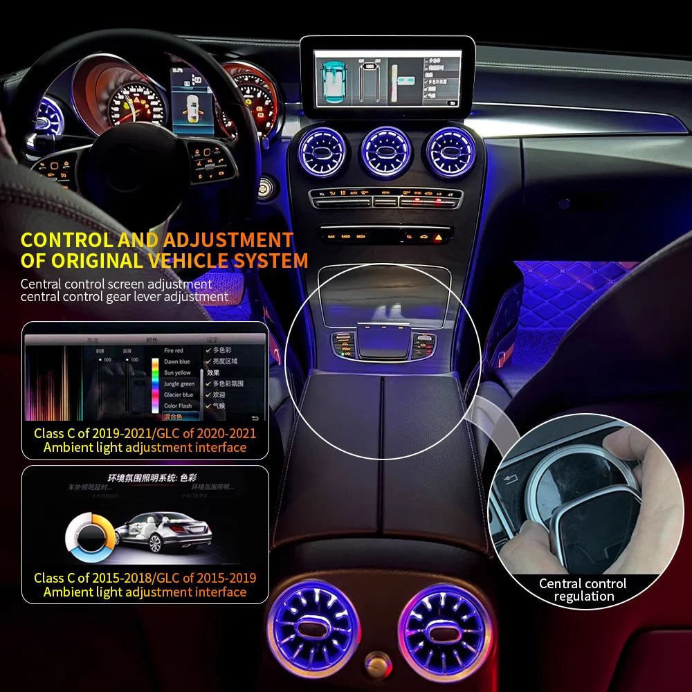 For Mercedes Benz W205 GLC X253 3 Color LED Turbine Nozzle Air Vents Lights Passenger Panel Copilot LED Strip Seat Back