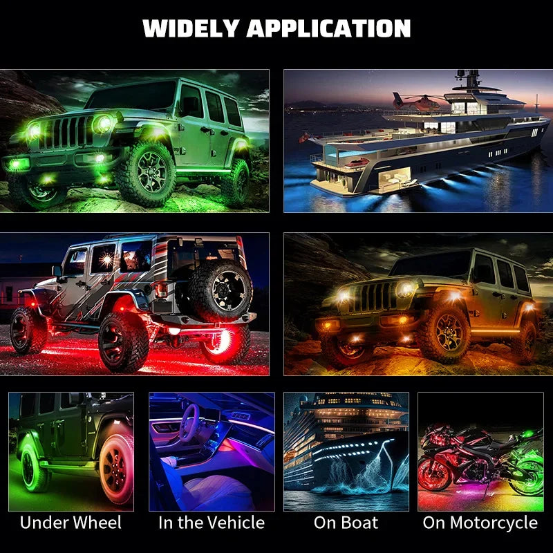 4/6/8/10/12 Pods RGB LED Rock Light APP Control Music Neon Car Underglow Chassis Light for Offroad Truck SUV Rock Ambien