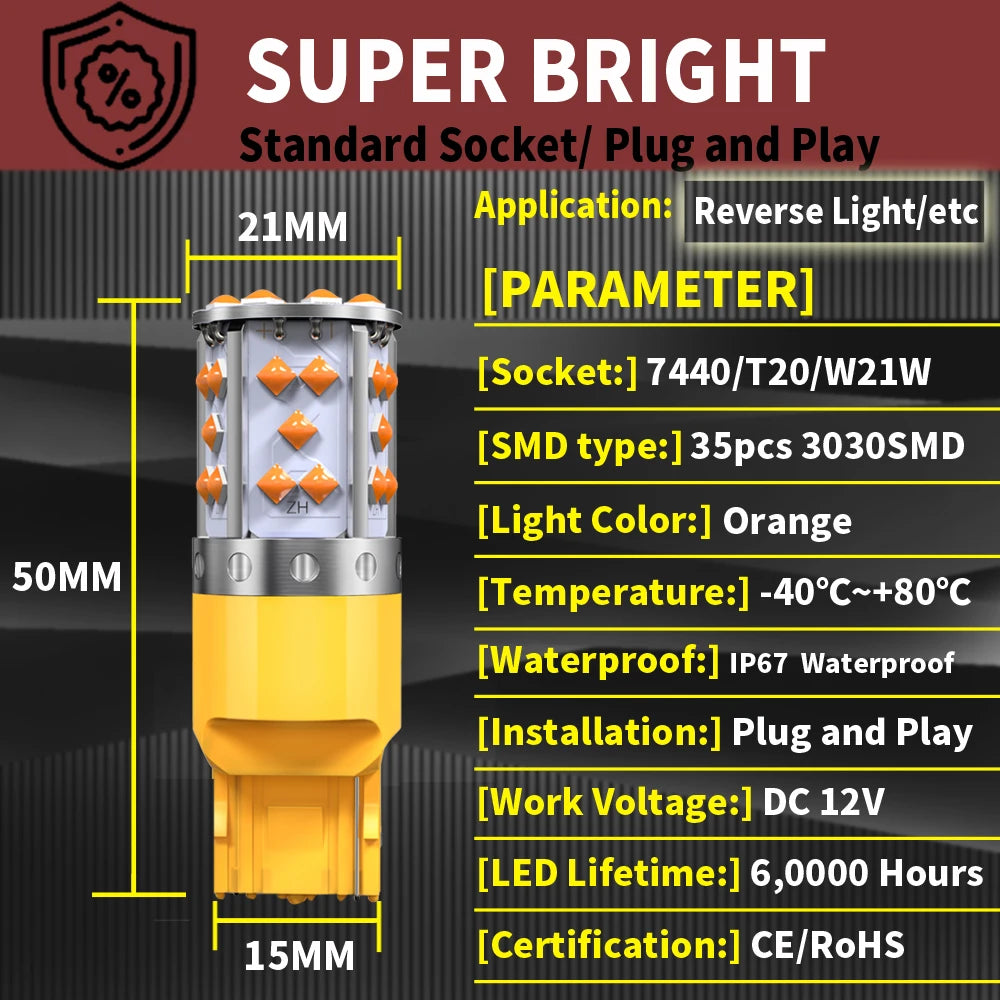 2PCS Super Bright T20 W21W wy21w 7440 7440NA Turn