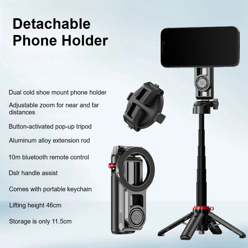 Detachable Phone Holder version - dual cold shoe phone holder on the telescopic tripod