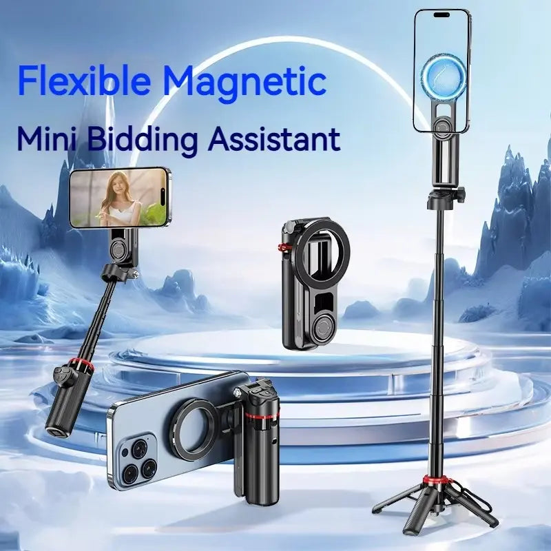 Flexible magnetic mini selfie stick shown in four modes - handheld, folded, magnetic grip and tripod